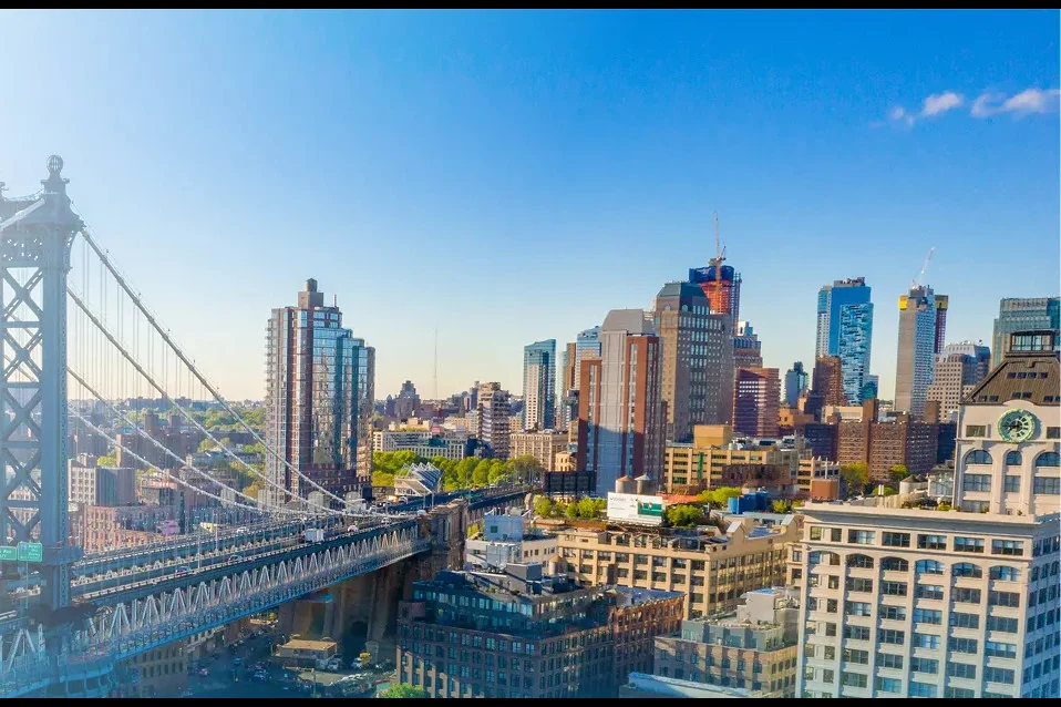 The New York City skyline and Manhattan Bridge in the United States